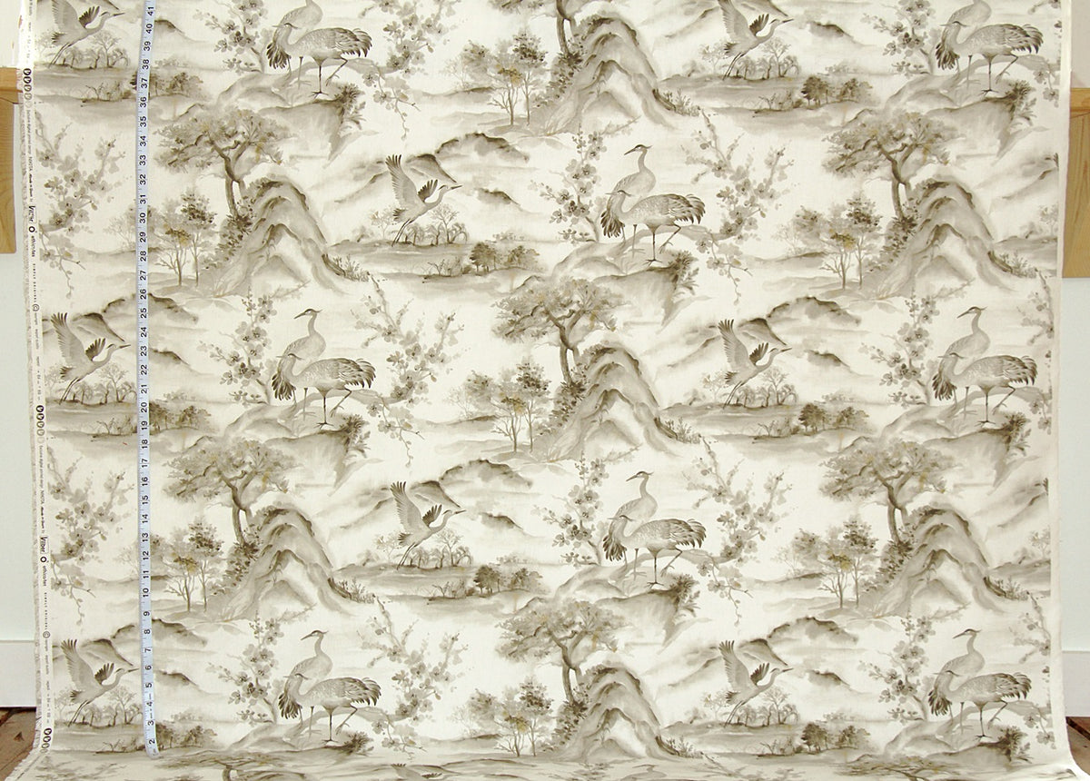 Grey brown crane chinoiserie fabric Asian toile mountain