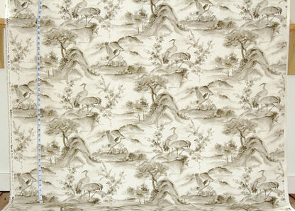 Grey brown crane chinoiserie fabric Asian toile mountain