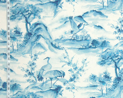 Blue crane chinoiserie fabric Asian toile mountain