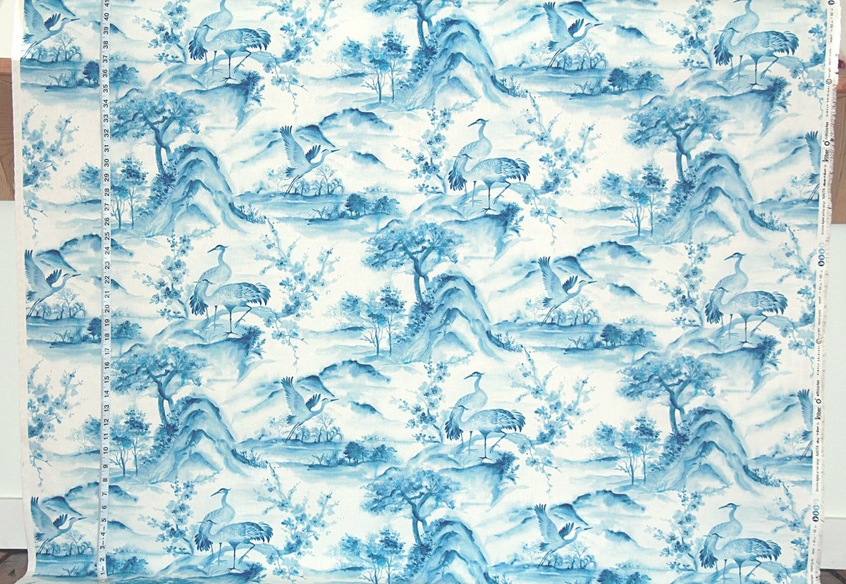 Blue crane chinoiserie fabric Asian toile mountain