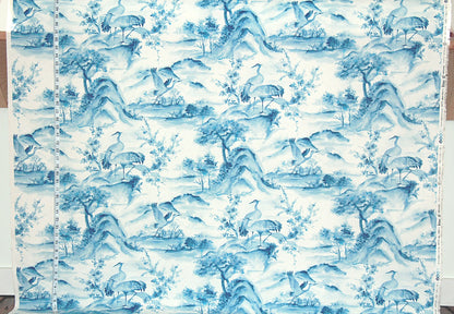 Blue crane chinoiserie fabric Asian toile mountain