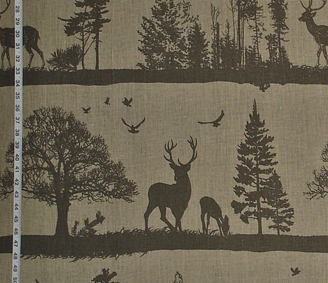 Deer Fabric Lodge Decor Silhouette Grey Brown Linen