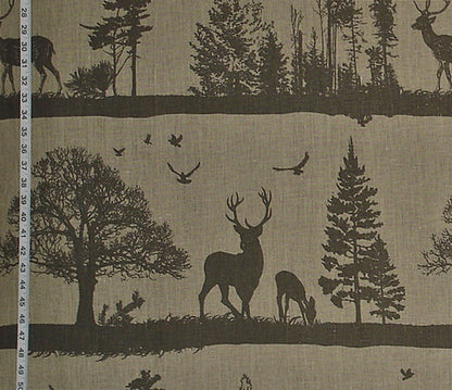 Deer Fabric Lodge Decor Silhouette Grey Brown Linen