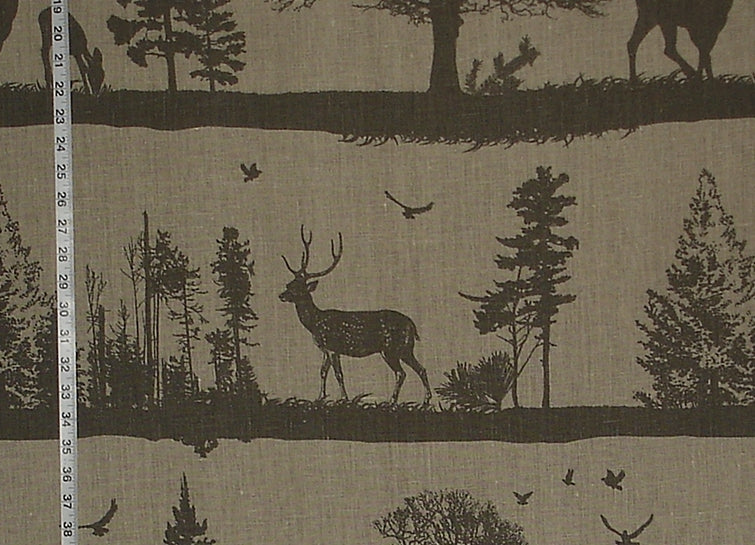Deer Fabric Lodge Decor Silhouette Grey Brown Linen