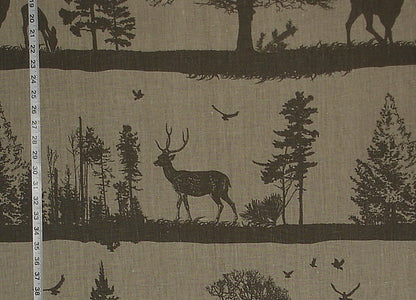 Deer Fabric Lodge Decor Silhouette Grey Brown Linen