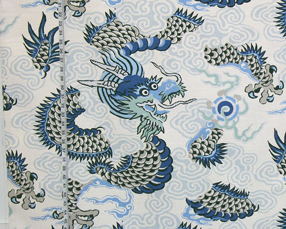 Blue Oriental Dragon Fabric Asian Chinese Japanese
