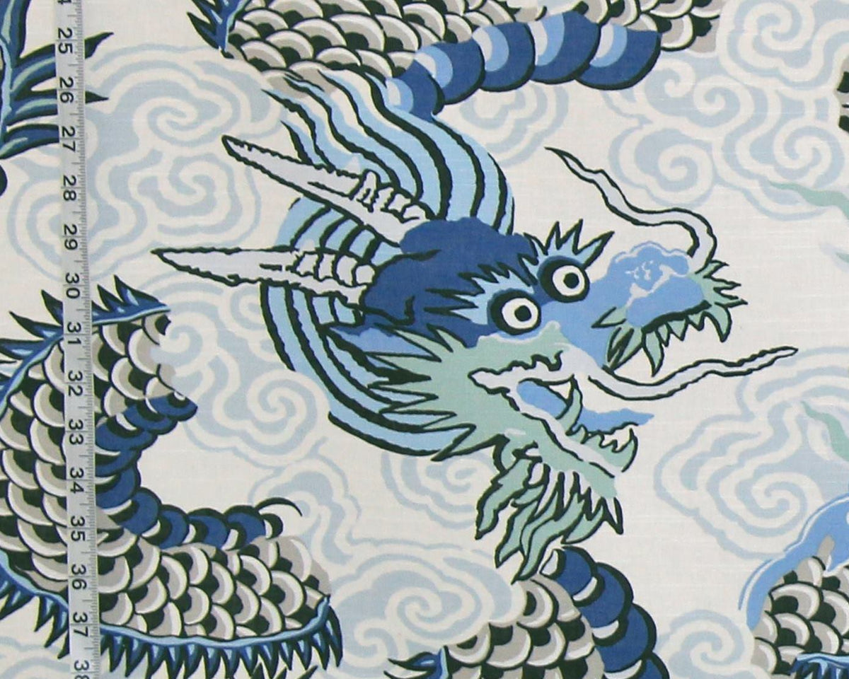 Blue Oriental Dragon Fabric Asian Chinese Japanese