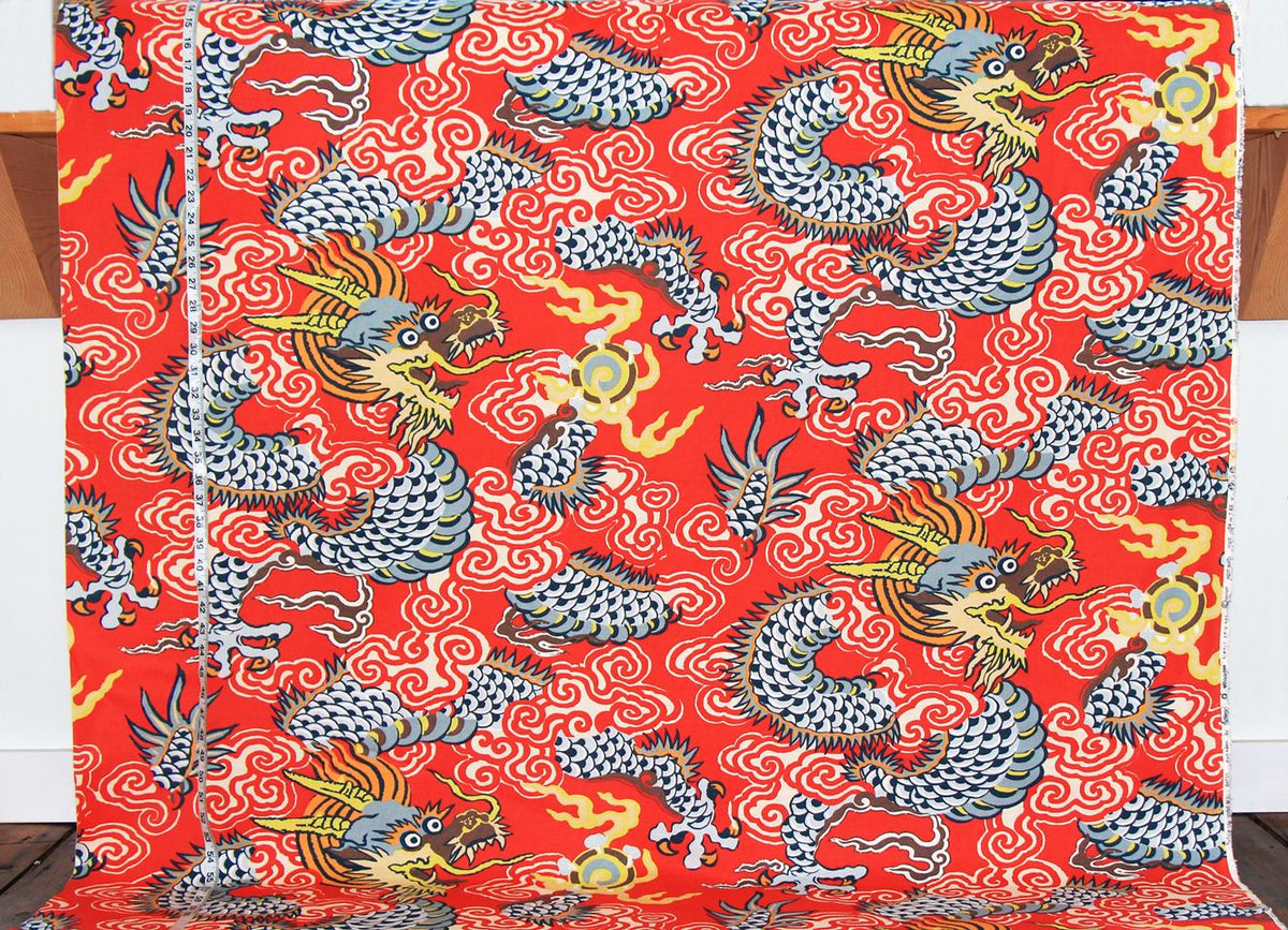 Orange Oriental dragon fabric Asian Chinese Japanese
