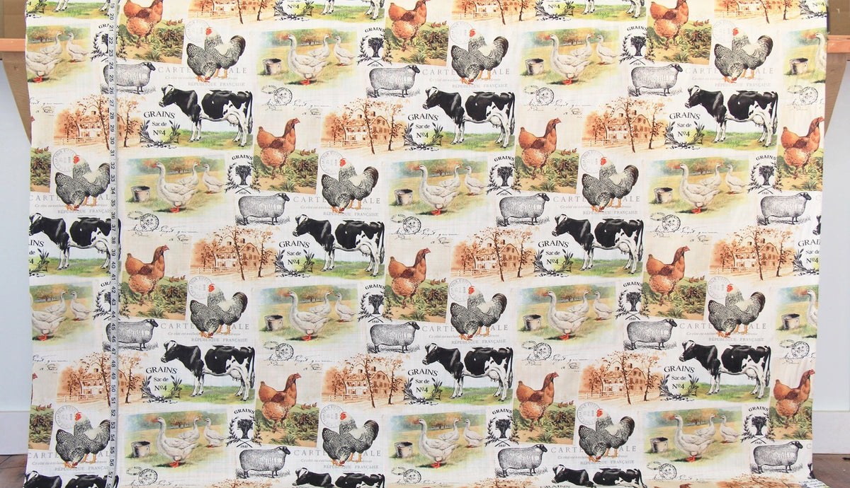 French farm fabric rooster goose cow sheep