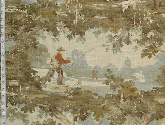 Fabric swatch with a nature scene featuring a person fishing, trees, and water.