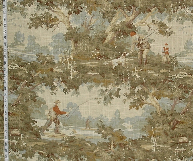 Fabric swatch with a hunting scene design featuring people and dogs in a forest.
