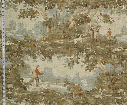 Fabric swatch with a hunting scene design featuring people and dogs in a forest.