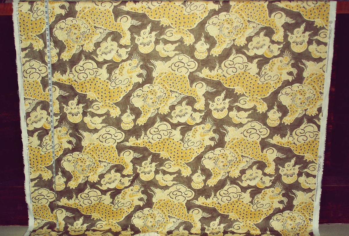 Asian Oriental Dragon Fabric Foo Dog Lion Taupe Gold Yellow Linen