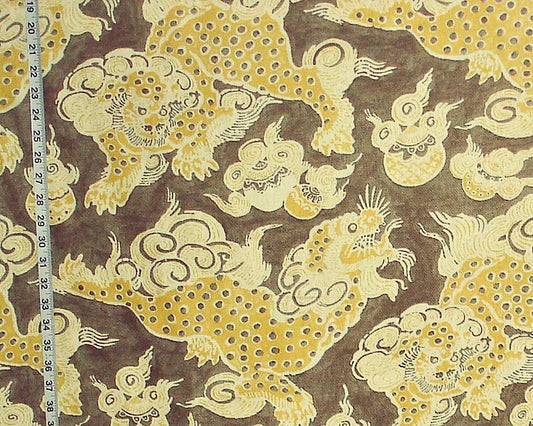 Asian Oriental Dragon Fabric Foo Dog Lion Taupe Gold Yellow Linen