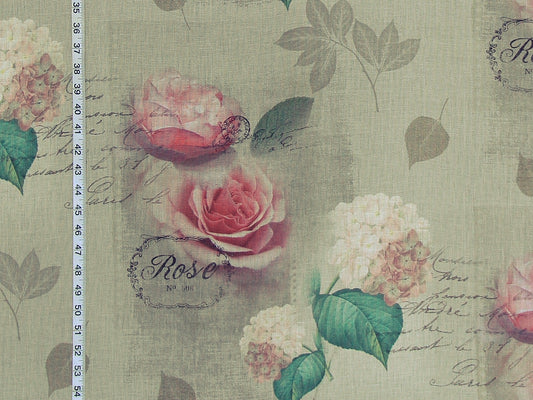 Pink rose fabric hydrangea French document letter romantic linen