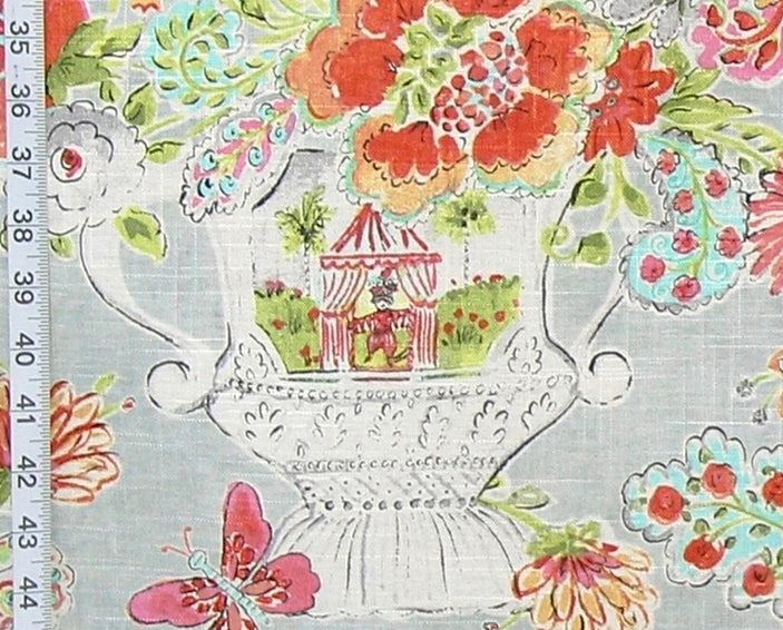 Orange pink floral fabric summer flower circus jester linen : 45" Remnant