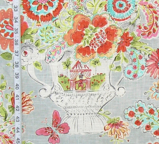 Orange pink floral fabric summer flower circus jester linen : 45" Remnant