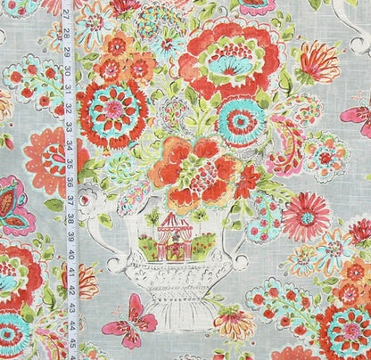 Orange pink floral fabric summer flower circus jester linen : 45" Remnant