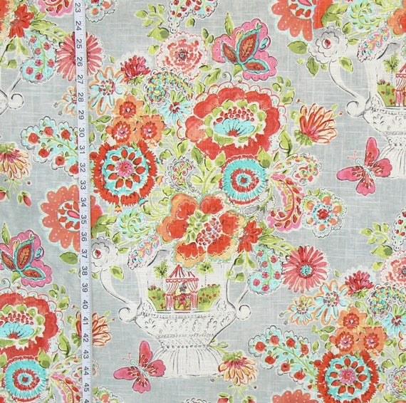 Orange pink floral fabric summer flower circus jester linen : 45" Remnant
