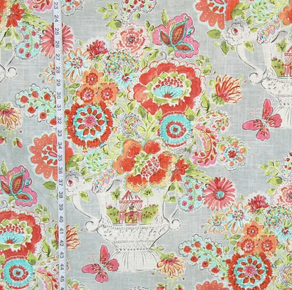 Orange pink floral fabric summer flower circus jester linen : 45" Remnant