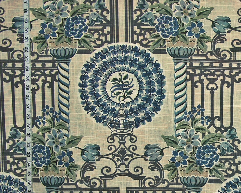 Garden Fabric Architecture Fence Floral Crown Blue Linen