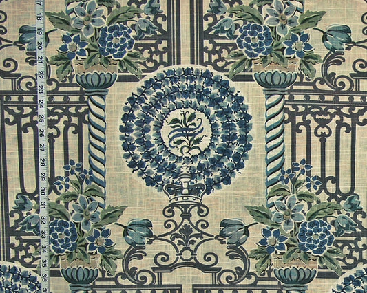 Garden Fabric Architecture Fence Floral Crown Blue Linen