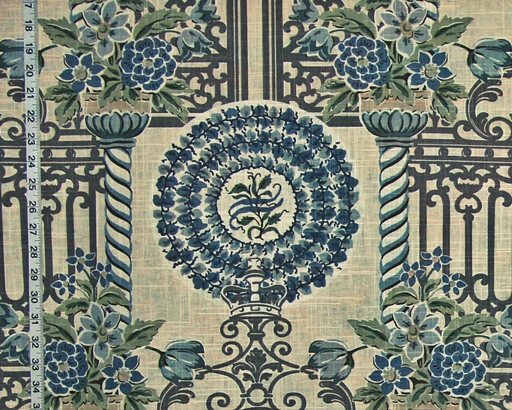 Garden Fabric Architecture Fence Floral Crown Blue Linen