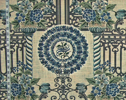 Garden Fabric Architecture Fence Floral Crown Blue Linen