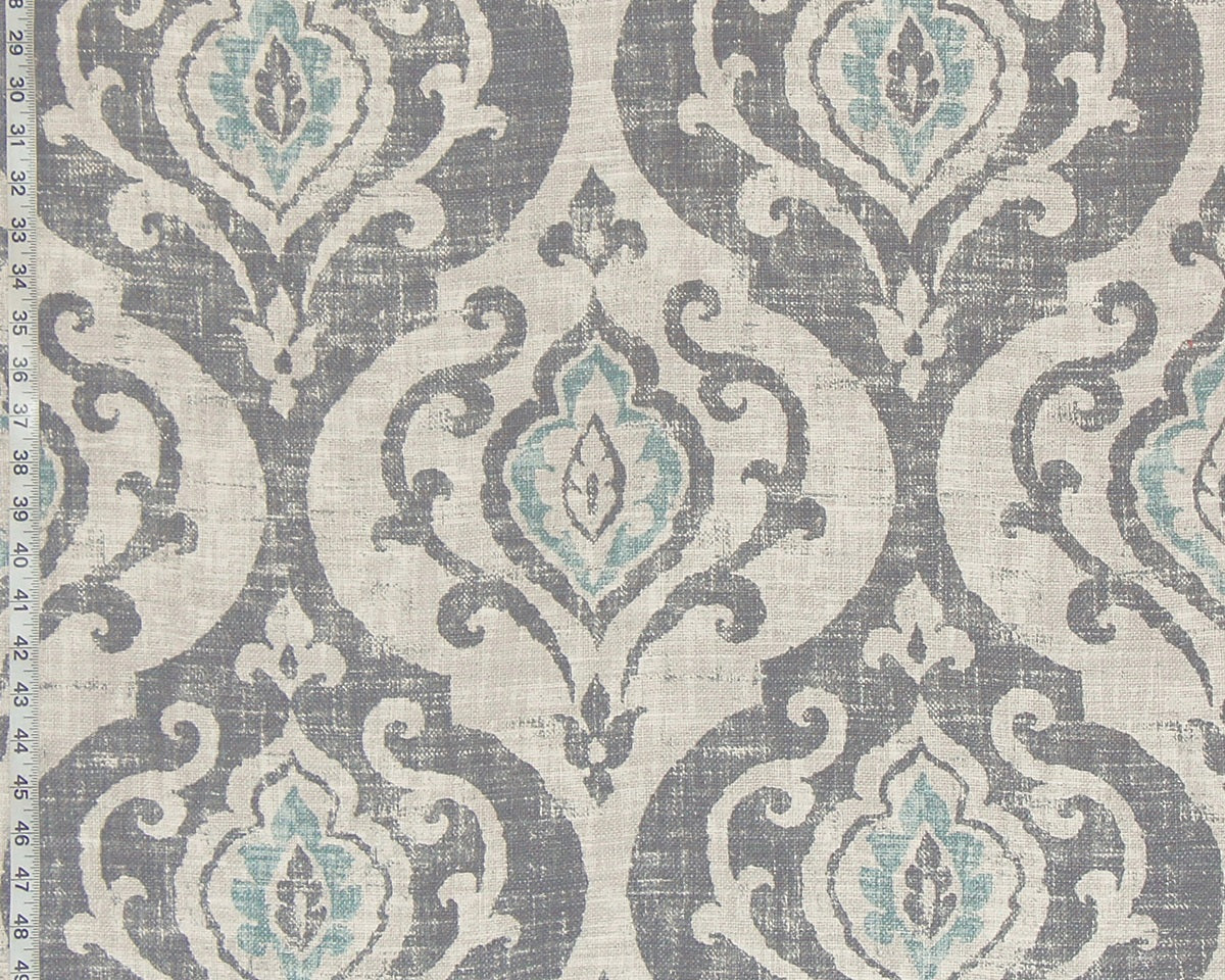 Medieval scroll fabric grey blue fleur de lyse