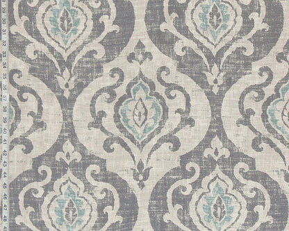 Medieval scroll fabric grey blue fleur de lyse