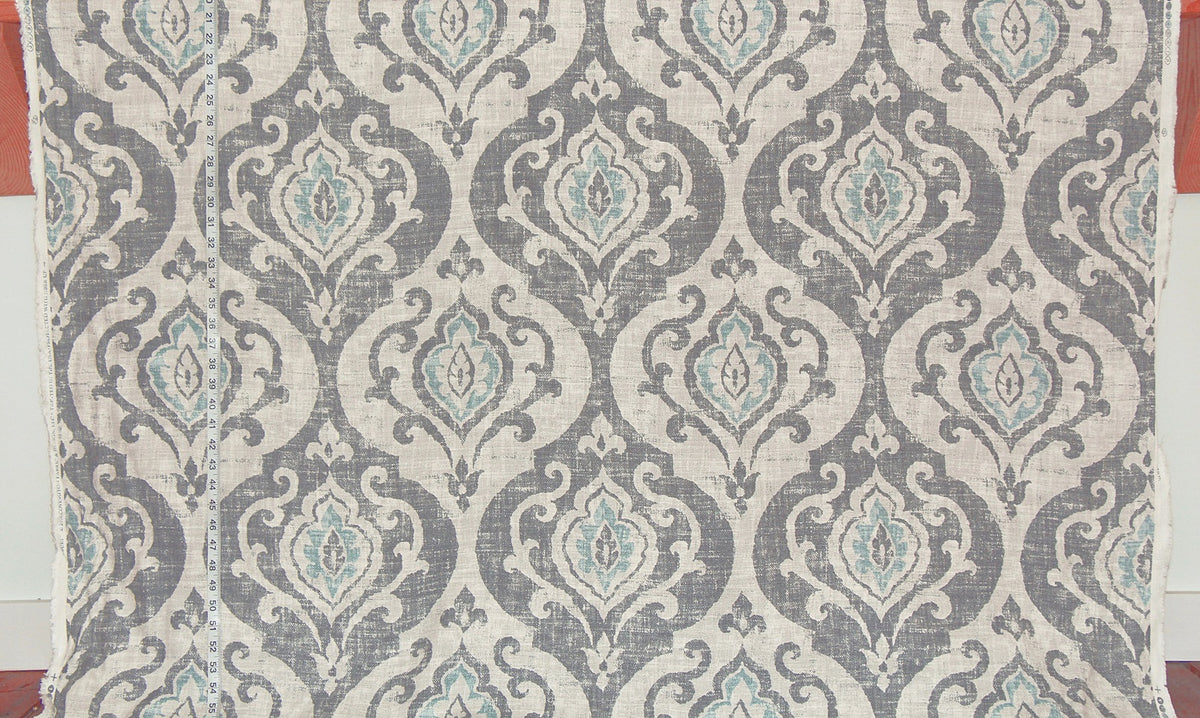 Medieval scroll fabric grey blue fleur de lyse