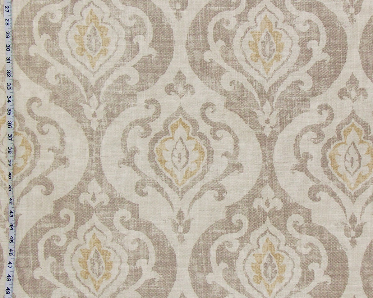 Brown taupe gold medallion fabric fleur de lyse linen