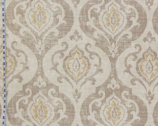 Brown taupe gold medallion fabric fleur de lyse linen