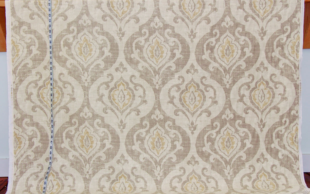 Brown taupe gold medallion fabric fleur de lyse linen