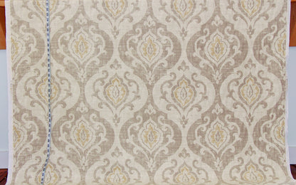 Brown taupe gold medallion fabric fleur de lyse linen