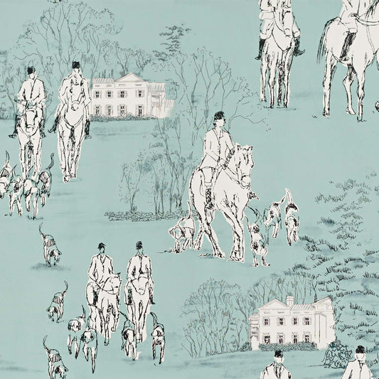 Horse hunt equestrian hounds toile blue Wallpaper