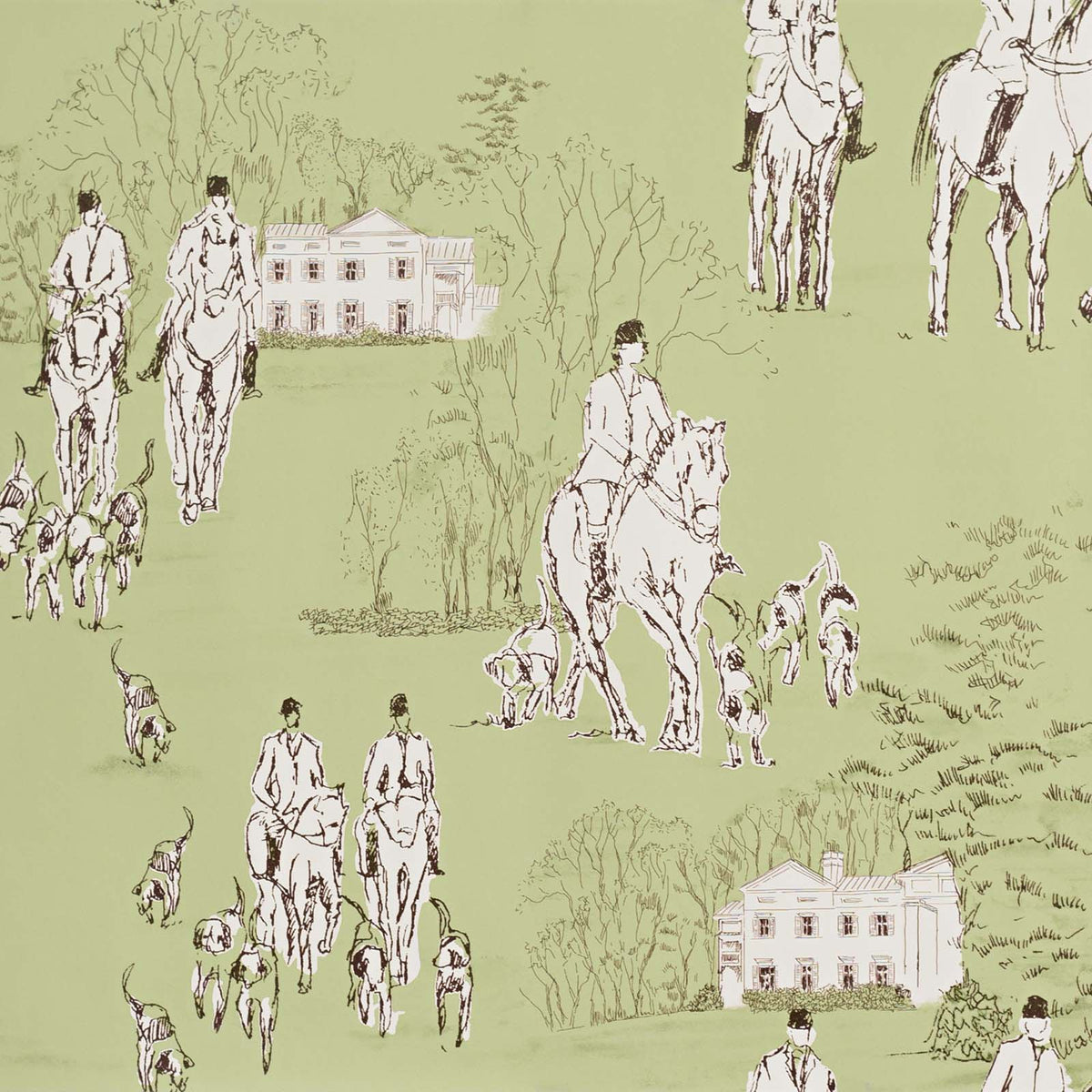 Horse hunt green equestrian toile Wallpaper