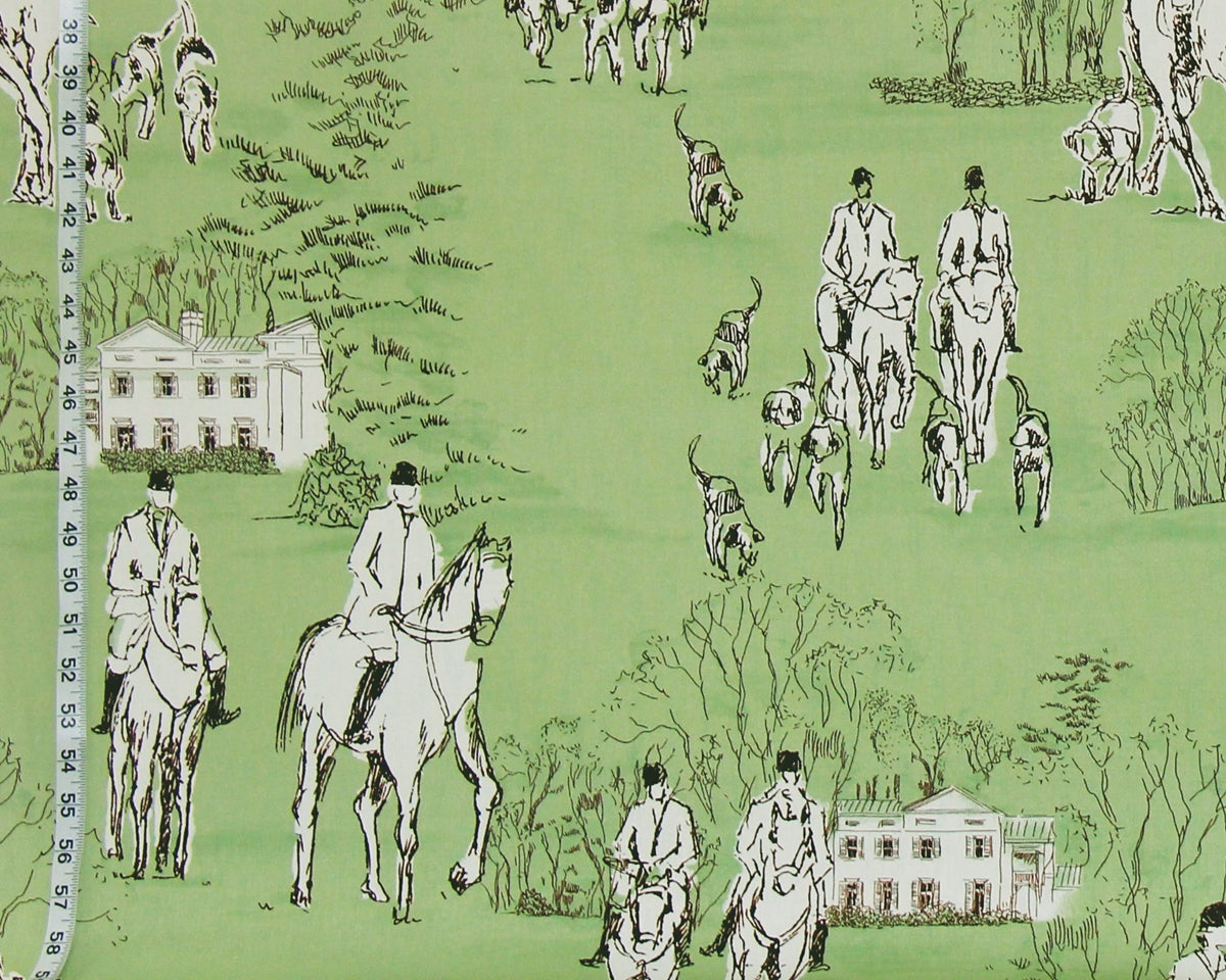 Horse Hunt Fabric - Equestrian, Hounds, Modern Toile, Green