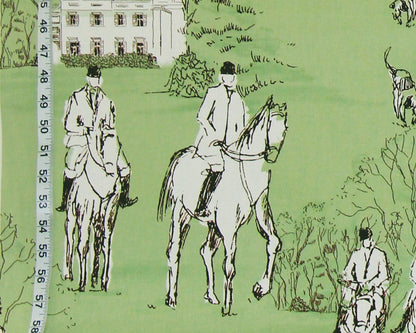 Horse Hunt Fabric - Equestrian, Hounds, Modern Toile, Green