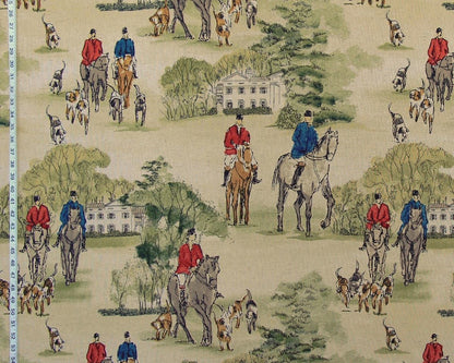 Horse Hunt Fabric - Equestrian, Hounds, Modern Toile, Red, Blue