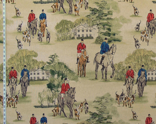 Horse Hunt Fabric - Equestrian, Hounds, Modern Toile, Red, Blue