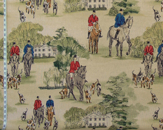 Horse Hunt Fabric - Equestrian, Hounds, Modern Toile, Red, Blue