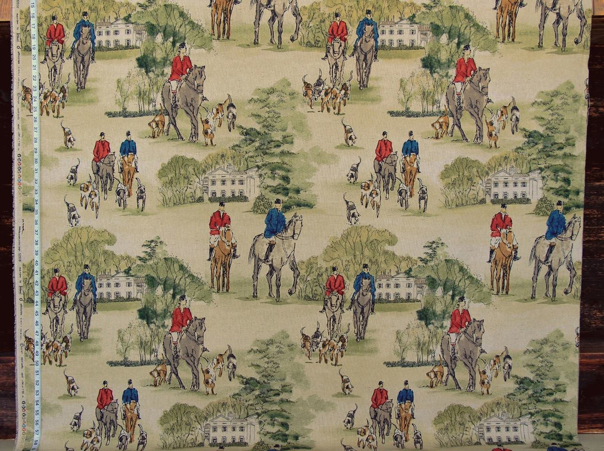 Horse Hunt Fabric - Equestrian, Hounds, Modern Toile, Red, Blue
