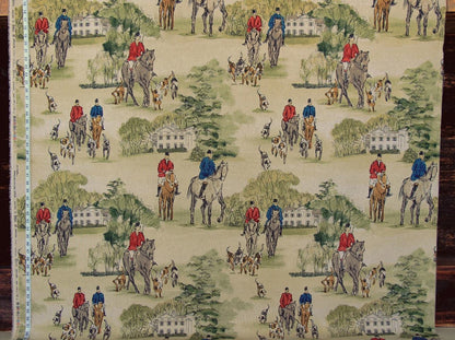 Horse Hunt Fabric - Equestrian, Hounds, Modern Toile, Red, Blue