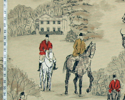 Horse Hunt Fabric - Equestrian, Hounds, Modern Toile, Red, Orange, Gold