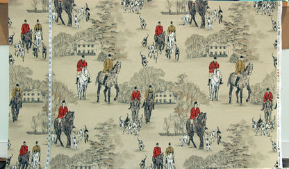 Horse Hunt Fabric - Equestrian, Hounds, Modern Toile, Red, Orange, Gold