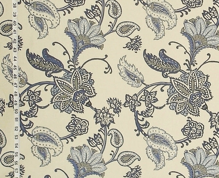 Blue Paisley Indienne Fabric Grey Handprint