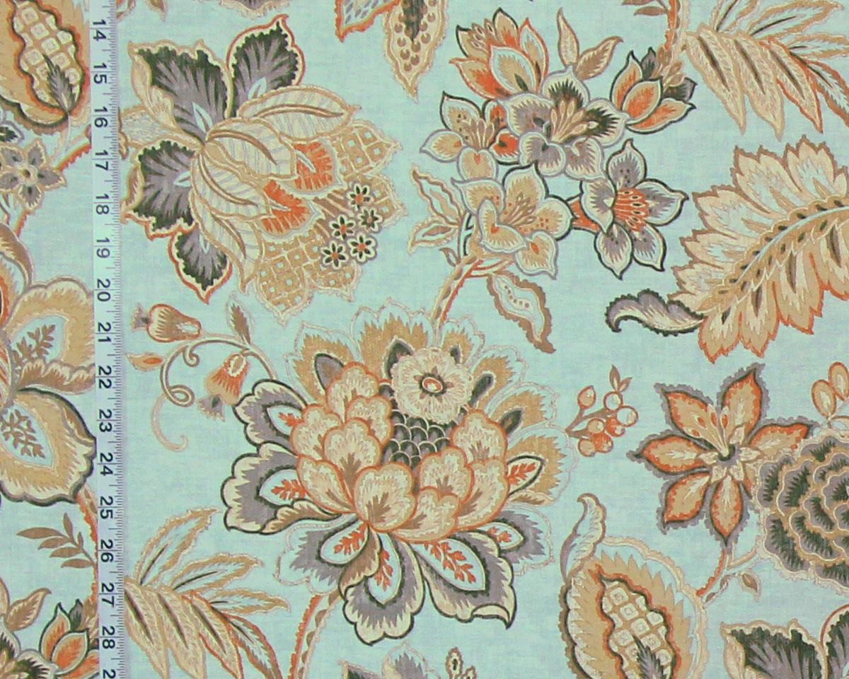 Orange grey gold Indienne floral fabric aqua blue Tibet