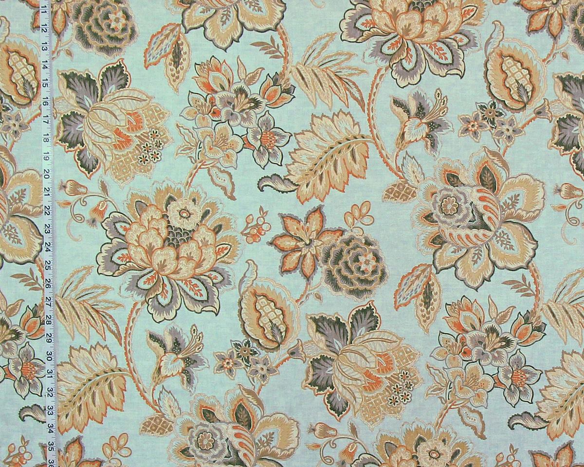 Orange grey gold Indienne floral fabric aqua blue Tibet