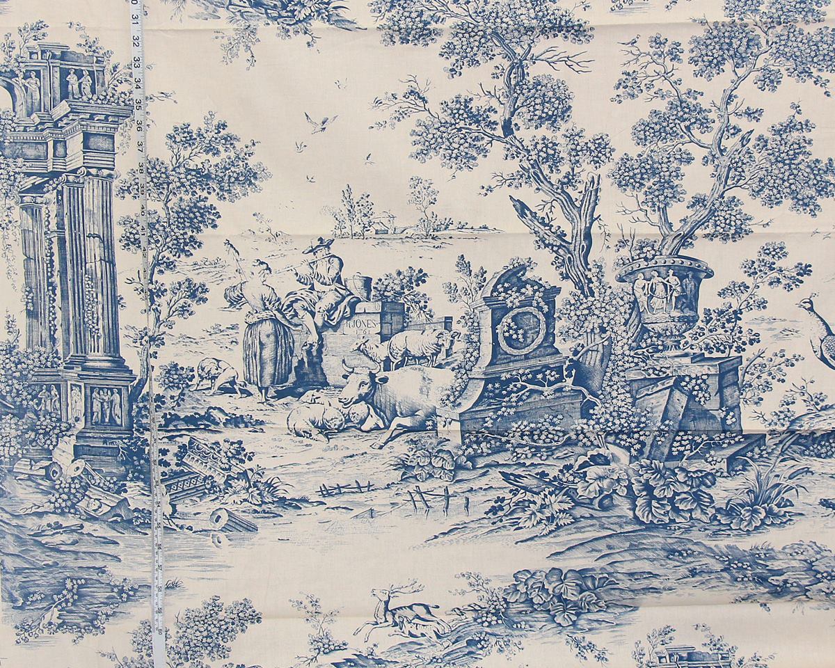Vintage Greeff Williamsburg fabric blue Jones Toile 1 yd, 34"